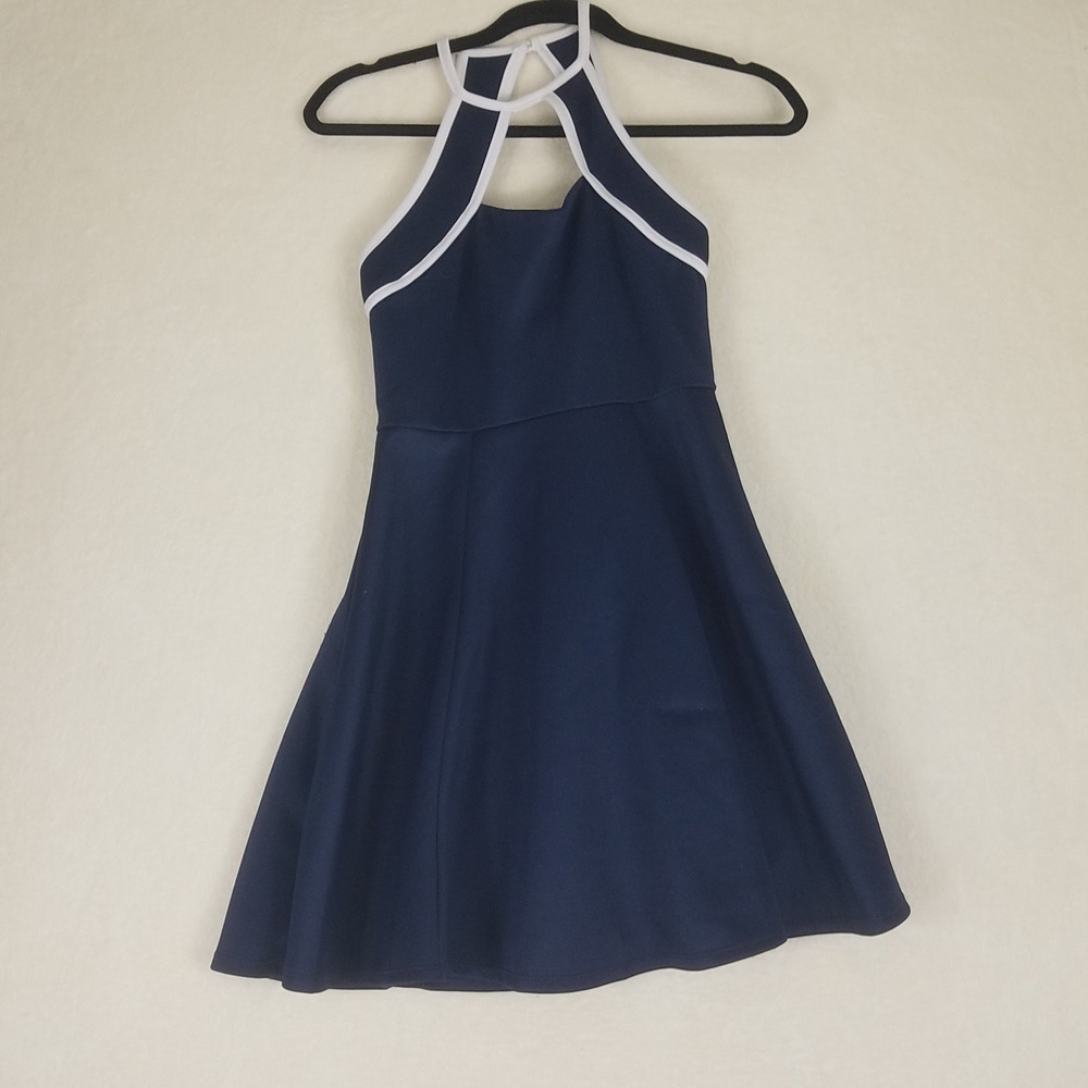 Crystal‎ Doll Fit and Flare Dress Juniors 3 Navy Blue Good Halter White Trim